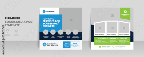 Plumbing service social media post banner template with professional handyman home repair web banner design layout