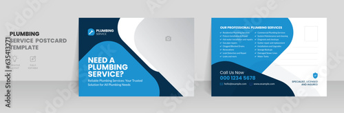 Plumbing service postcard template with handyman home repair and plumber invitation card design layout