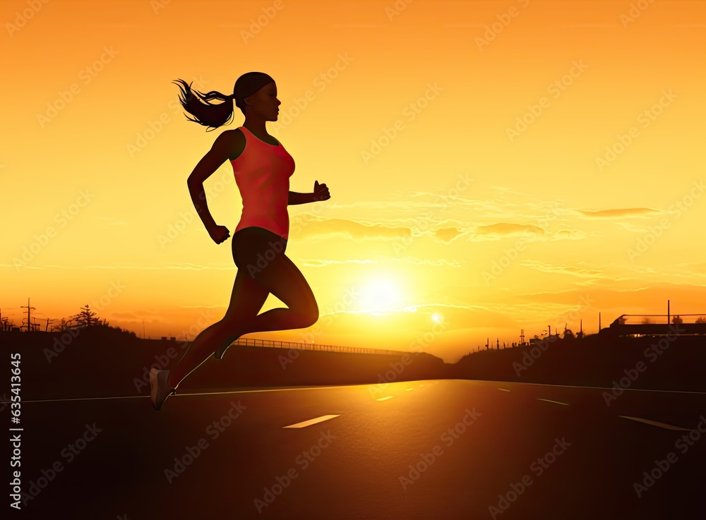 Athlete running on the road trail in sunset training for marathon and fitness. motion blur of woman exercising outdoors Created with Generative AI technology.