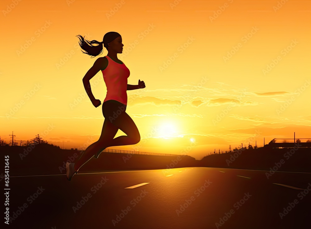 Athlete running on the road trail in sunset training for marathon and fitness. motion blur of woman exercising outdoors Created with Generative AI technology. Athlete running on the road trail in sunset training for marathon and fitness. motion blur of woman exercising outdoors Created with Generative AI technology.