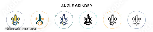 Angle grinder icon in filled, thin line, outline and stroke style. Vector illustration of two colored and black angle grinder vector icons designs can be used for mobile, ui, web