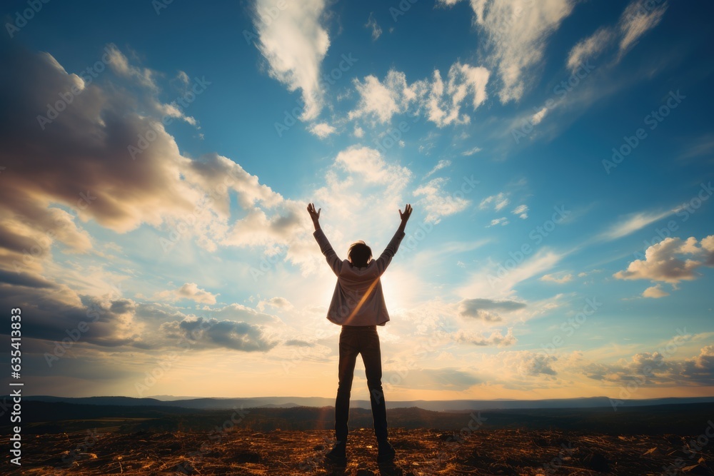 Overwhelmed Gratitude Person with hands raised - stock photo concepts