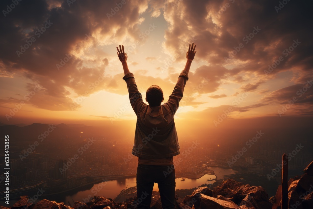 Fototapeta premium Overwhelmed Gratitude Person with hands raised - stock photo concepts