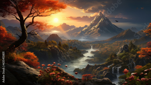 Sunset over a river in the mountains with colorful but dramatic sky and trees. Generative ai.