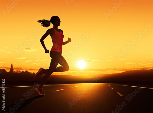 Athlete running on the road trail in sunset training for marathon and fitness. motion blur of woman exercising outdoors Created with Generative AI technology.