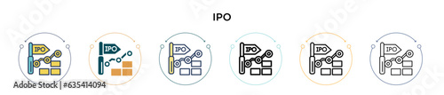 Ipo icon in filled, thin line, outline and stroke style. Vector illustration of two colored and black ipo vector icons designs can be used for mobile, ui, web