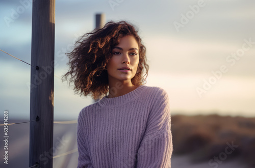 Multicultural young woman wearing a lavender sweater on the boardwalk of a coastal area. Generative AI.