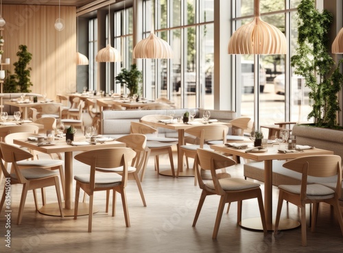 Restaurant in a modern style with textured walls and a parquet. There are gray sofas with tables, decorative wooden poles with birds, bar, plants. Created with Generative AI technology.