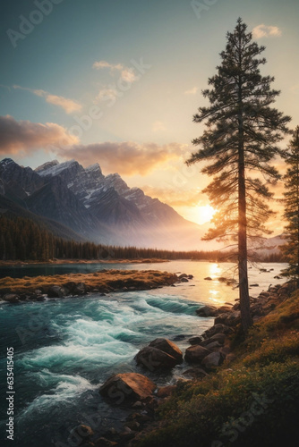 highly detailed nature vector illustration, sunset, mountain, river, wave, pine trees. Image created using artificial intelligence.