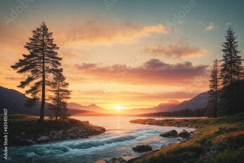 highly detailed nature vector illustration, sunset, mountain, river, wave, pine trees. Image created using artificial intelligence. © kapros76