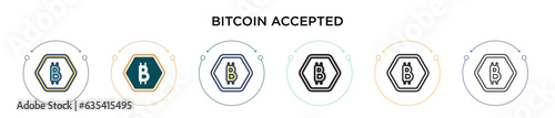Bitcoin accepted icon in filled, thin line, outline and stroke style. Vector illustration of two colored and black bitcoin accepted vector icons designs can be used for mobile, ui, web