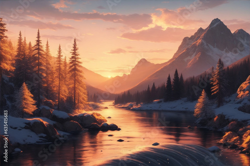 highly detailed nature vector illustration with sunset, mountain, river, wave, pine trees. Image created using artificial intelligence.