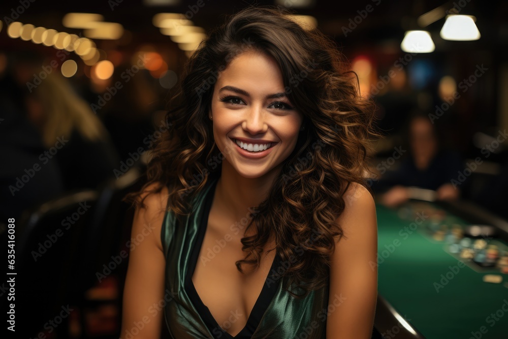 Trying her luck at a blackjack table - stock photo concepts