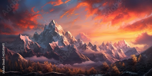 Mountain Majesty - Towering snow-capped mountains against a breathtaking sky at sunset. 🏔️🌄