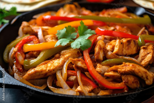 Chicken fajitas with caramelized onions, bell peppers, and melted cheese served on a sizzling skillet, captured in a close-up macro shot, are a mouth-watering photo