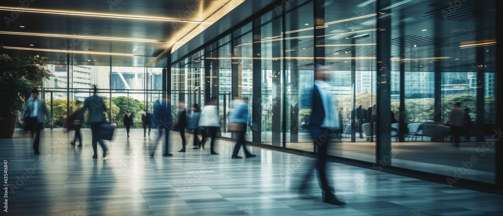 Blurred business people walk fast movement with meeting room in modern office building in dark tone, Generative AI