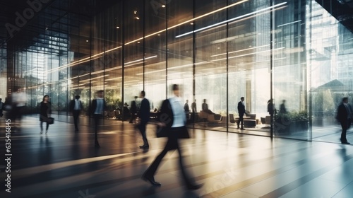 Blurred business people walk fast movement with meeting room in modern office building in dark tone, Generative AI