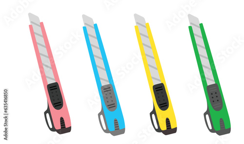 Paper knife vector illustration set in different colors. Back to school concept. Stationery, office supplies or school supplies vector. Flat vector in cartoon style isolated on white background.