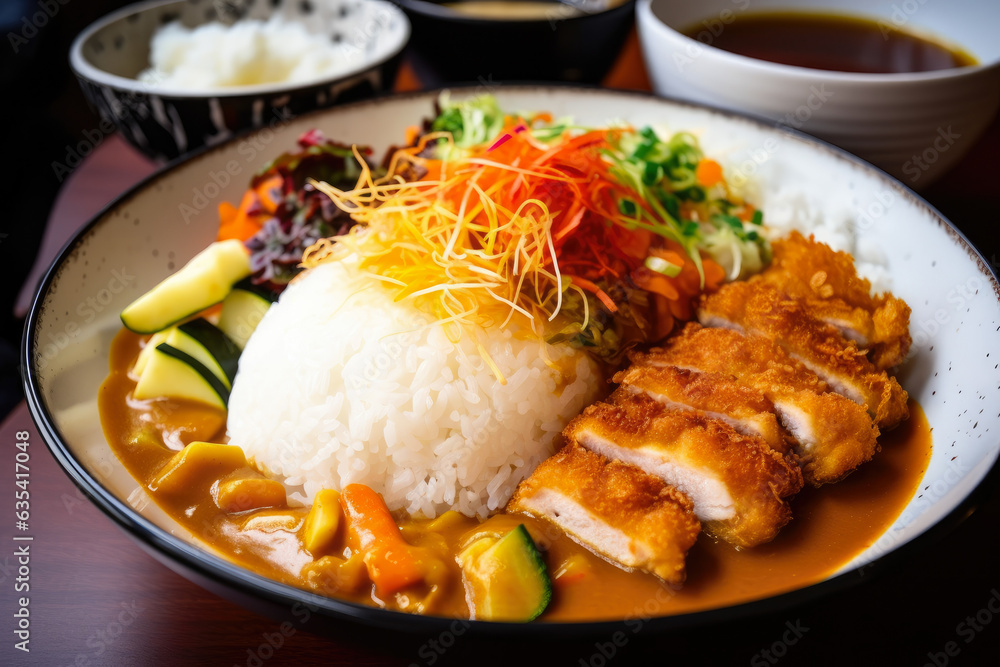 Chicken Katsu Curry with a medley of colorful vegetables, served over a bed of warm rice in a deep bowl, creating a hearty and filling Japanese cuisine experience.