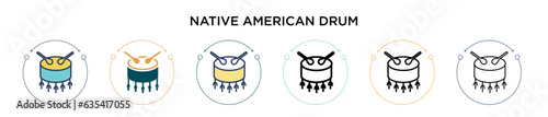 Native american drum icon in filled, thin line, outline and stroke style. Vector illustration of two colored and black native american drum vector icons designs can be used for mobile, ui, web