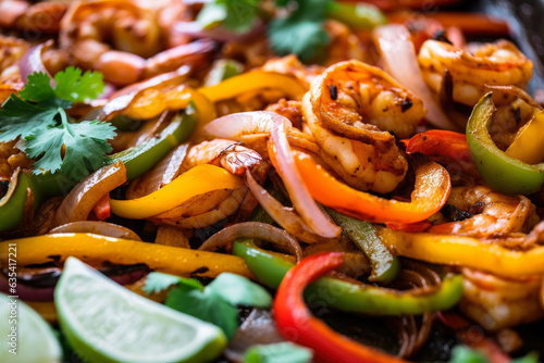 Shrimp fajitas with grilled onions and bell peppers, topped with cilantro and lime wedges, captured in a mouth-watering macro shot.