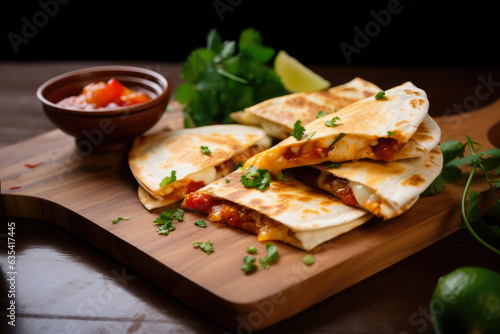Melty cheese oozing from a golden-brown quesadilla, accompanied by fresh salsa and lime wedges, presented on a rustic wooden slicing board.