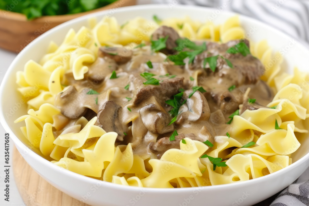 Beef stroganoff, a steaming hot and savory meal, served in a white porcelain bowl with a dollop of sour cream and a sprinkle of parsley on top. Beef stroganoff, a steaming hot and savory meal, served in a white porcelain bowl with a dollop of sour cream and a sprinkle of parsley on top.
