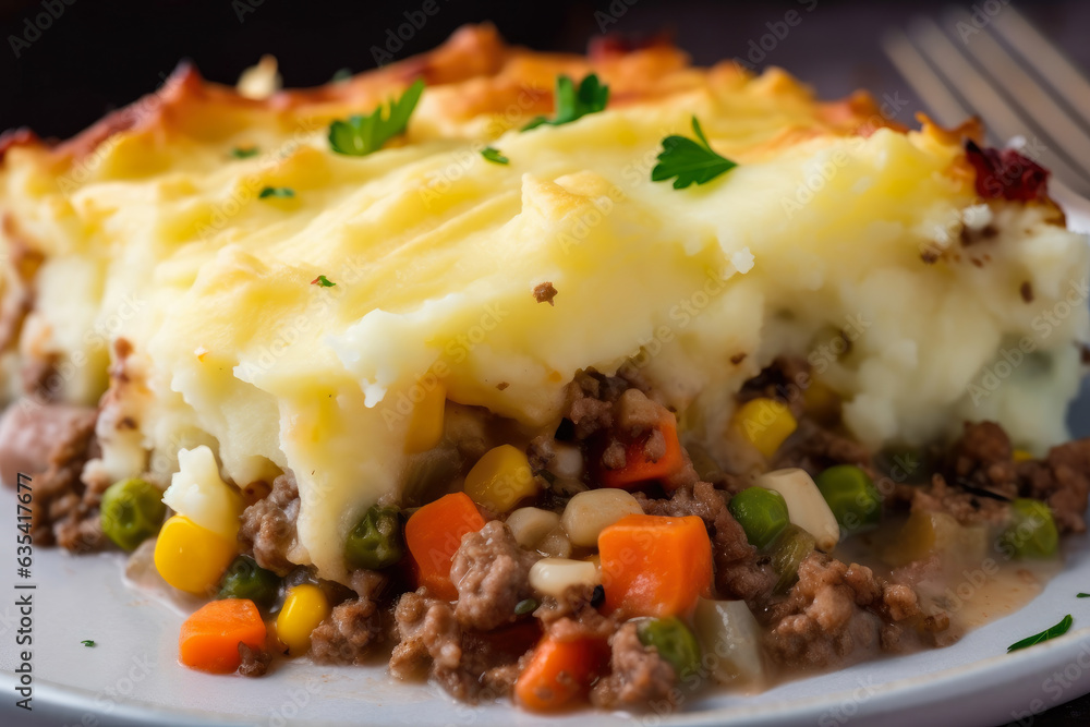 Shepherd's pie slice on a plate: A close-up showcasing the contrasting colors and textures of the flavorful filling and creamy mashed potato topping. Shepherd's pie slice on a plate: A close-up showcasing the contrasting colors and textures of the flavorful filling and creamy mashed potato topping.
