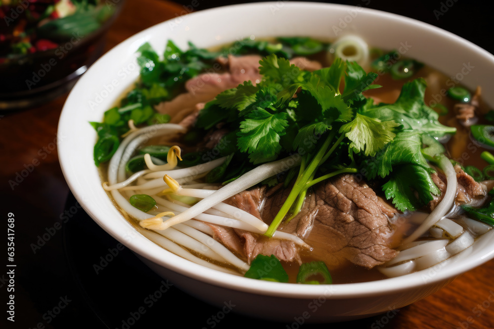 Pho Tai: Steaming hot bowl of flavorful Vietnamese soup with rare beef slices, onions, scallions, garnished with cilantro and basil leaves.
