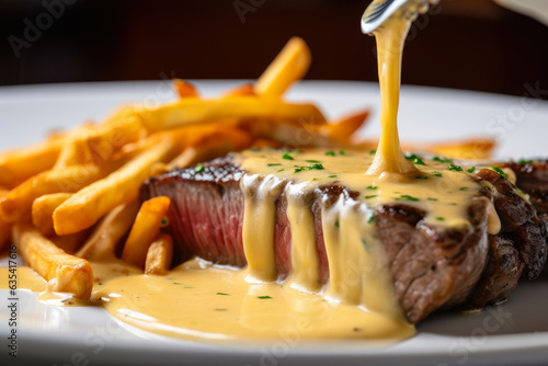Grilled medium-rare steak served on a bed of crispy fries, topped with creamy béarnaise sauce - an appetizing close-up of a tantalizing steak frites meal. photo