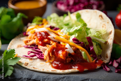 Tacos, a delicious and savory Mexican food, take center stage in this close-up with fresh ingredients, fiery sauce, and vibrant colors.