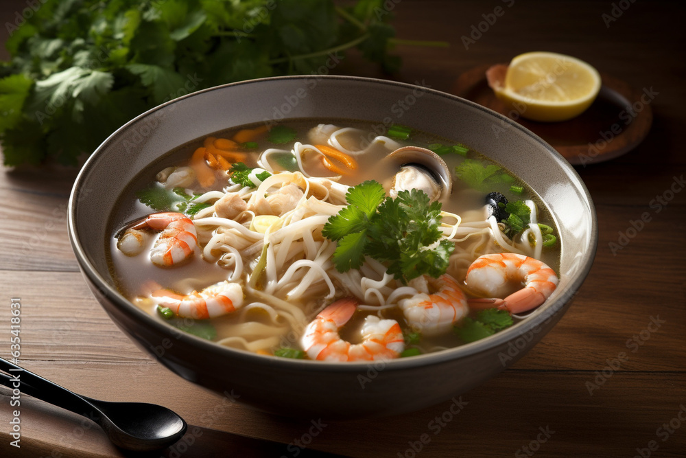 A bowl of seafood noodle soup generative AI