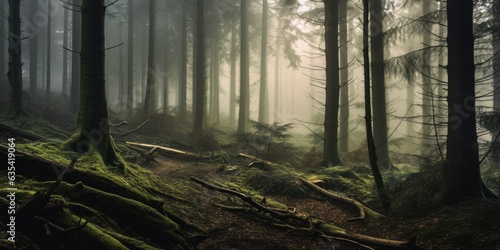 Foggy Forest Magic - A mystical forest shrouded in thick fog  with trees appearing as shadows in the mist.            