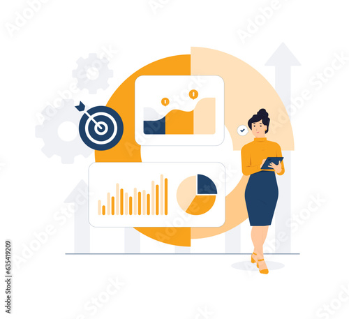 Dashboard statistics, business finance report, Site stats, Big data, monitoring investments. Businesswoman analyst working on laptop analyzing chart growth concept illustration