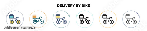 Delivery by bike icon in filled, thin line, outline and stroke style. Vector illustration of two colored and black delivery by bike vector icons designs can be used for mobile, ui, web