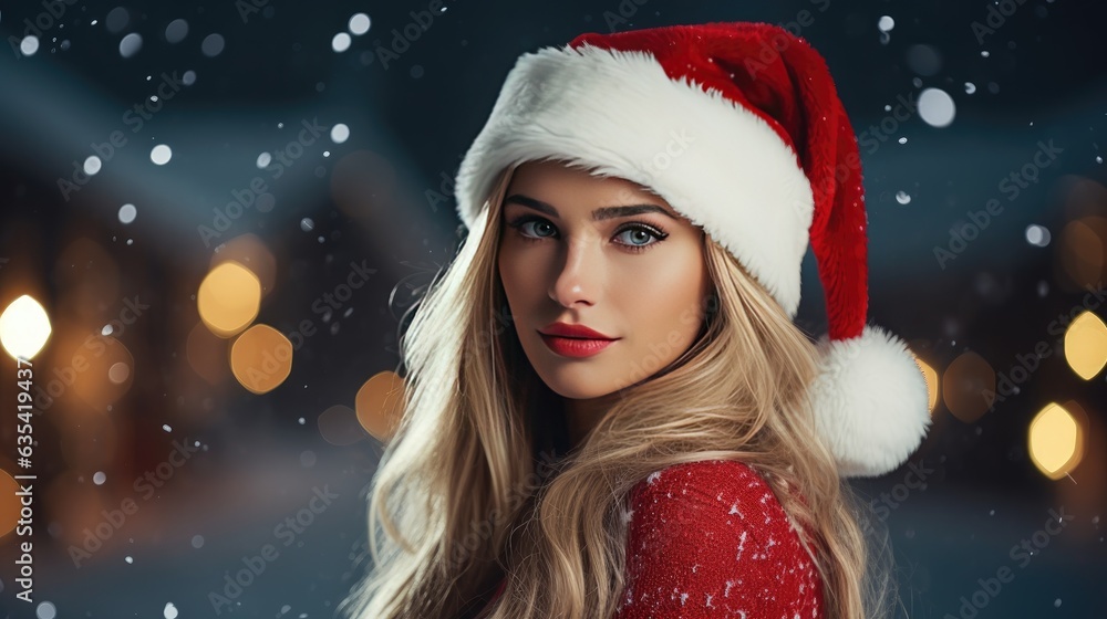 beautiful woman in santa hat posing on festive background created with Generative AI technology beautiful woman in santa hat posing on festive background created with Generative AI technology