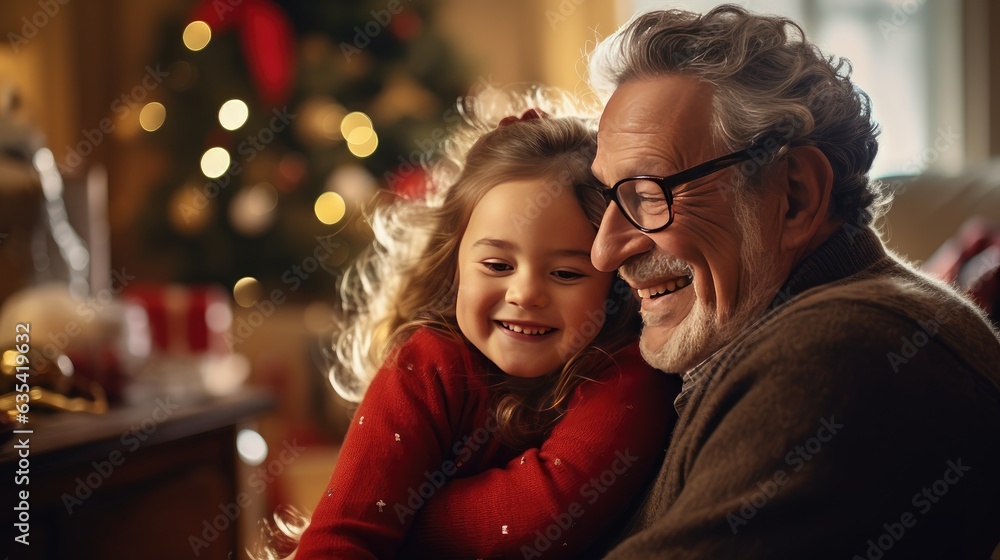 happy elderly man embracing woman with christmas present stock photo created with Generative AI technology happy elderly man embracing woman with christmas present stock photo created with Generative AI technology