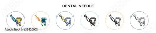 Dental needle icon in filled, thin line, outline and stroke style. Vector illustration of two colored and black dental needle vector icons designs can be used for mobile, ui, web
