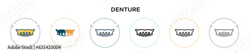 Denture icon in filled, thin line, outline and stroke style. Vector illustration of two colored and black denture vector icons designs can be used for mobile, ui, web