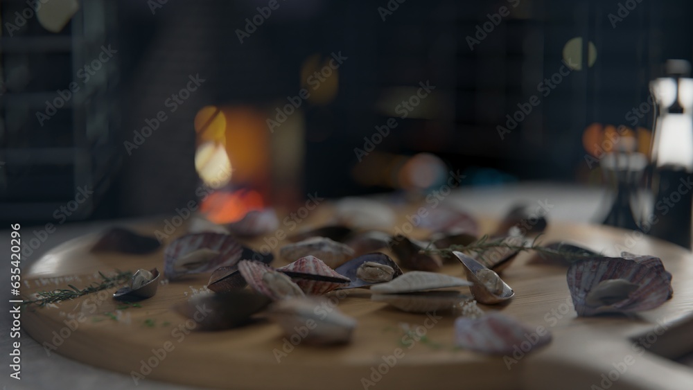 3D cinematic render of a fresh oysters on a round plate .Oyster season. Seafood dish. Oyster on the half shell.