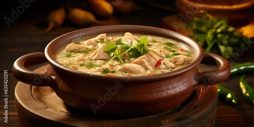 Steamy bowl of white chicken chili, filled with tender chunks of poultry and aromatic spices. A comforting meal for chilly evenings, served on a rustic table.🍲🍗🌶️