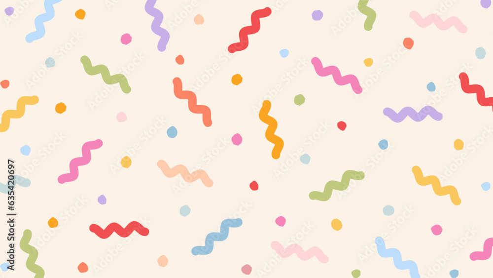 Colorful confetti doodle background. Abstract fun design with upbeat childish scribble. Minimalist festive backdrop. Trendy memphis elements pattern - obrazy, fototapety, plakaty 