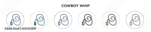 Cowboy whip icon in filled, thin line, outline and stroke style. Vector illustration of two colored and black cowboy whip vector icons designs can be used for mobile, ui, web