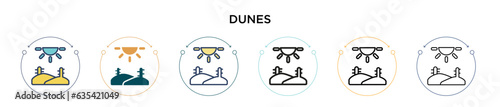 Dunes icon in filled, thin line, outline and stroke style. Vector illustration of two colored and black dunes vector icons designs can be used for mobile, ui, web