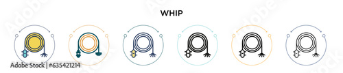 Whip icon in filled, thin line, outline and stroke style. Vector illustration of two colored and black whip vector icons designs can be used for mobile, ui, web