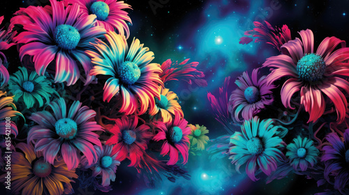 Mystic luminous fantasy flowers from alien world or planet. AI illustration. Neon effect, starry in the universe. Shiny glowing stars in cosmic space. Astronomy day concept.