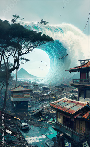 Big waves and tsunami destruction illustration