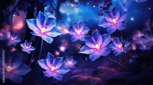 Mystic luminous fantasy flowers from alien world or planet. AI illustration. Neon effect, starry in the universe. Shiny glowing stars in cosmic space. Astronomy day concept. © Oksana Smyshliaeva