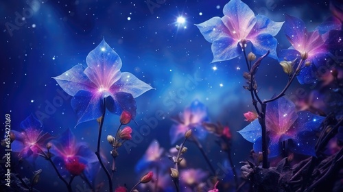 Mystic luminous fantasy flowers from alien world or planet. AI illustration. Neon effect, starry in the universe. Shiny glowing stars in cosmic space. Astronomy day concept.