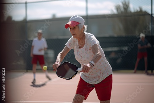 Elder woman playing pickleball in outdoor court. AI generative
